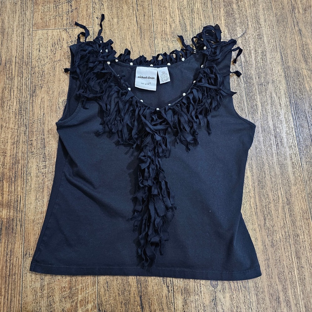 Michael Simon New York Black Fringe Bead Accented Sleeveless Top Large